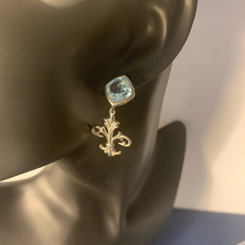 925 Sterling Silver with Blue Topaz Stud Dangling Fleur de Lis Earrings